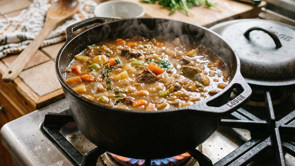 Stew with vegetables and meat cooking in cast iron pot on gas stove