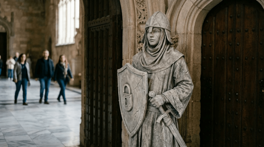Stone statue of medieval knight holding sword and shield in hallway