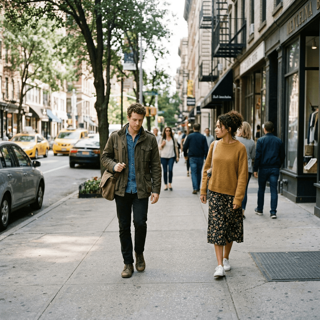 Man and woman walking on a city sidewalk with shops and cars around