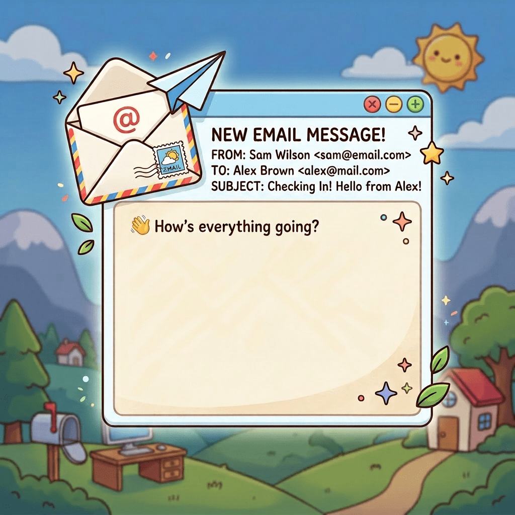 New email message from Alex to Sam about catching up and new office projects