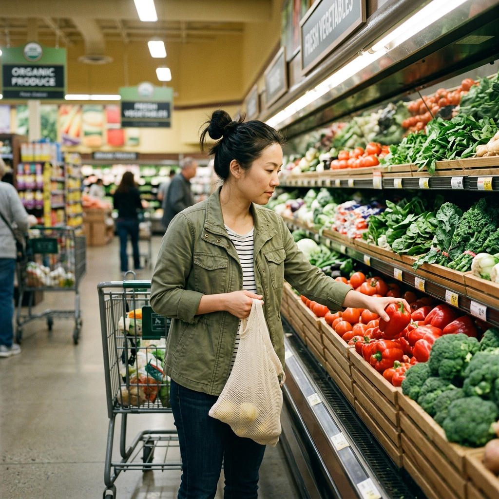Woman choosing red bell peppers in grocery store produce aisle