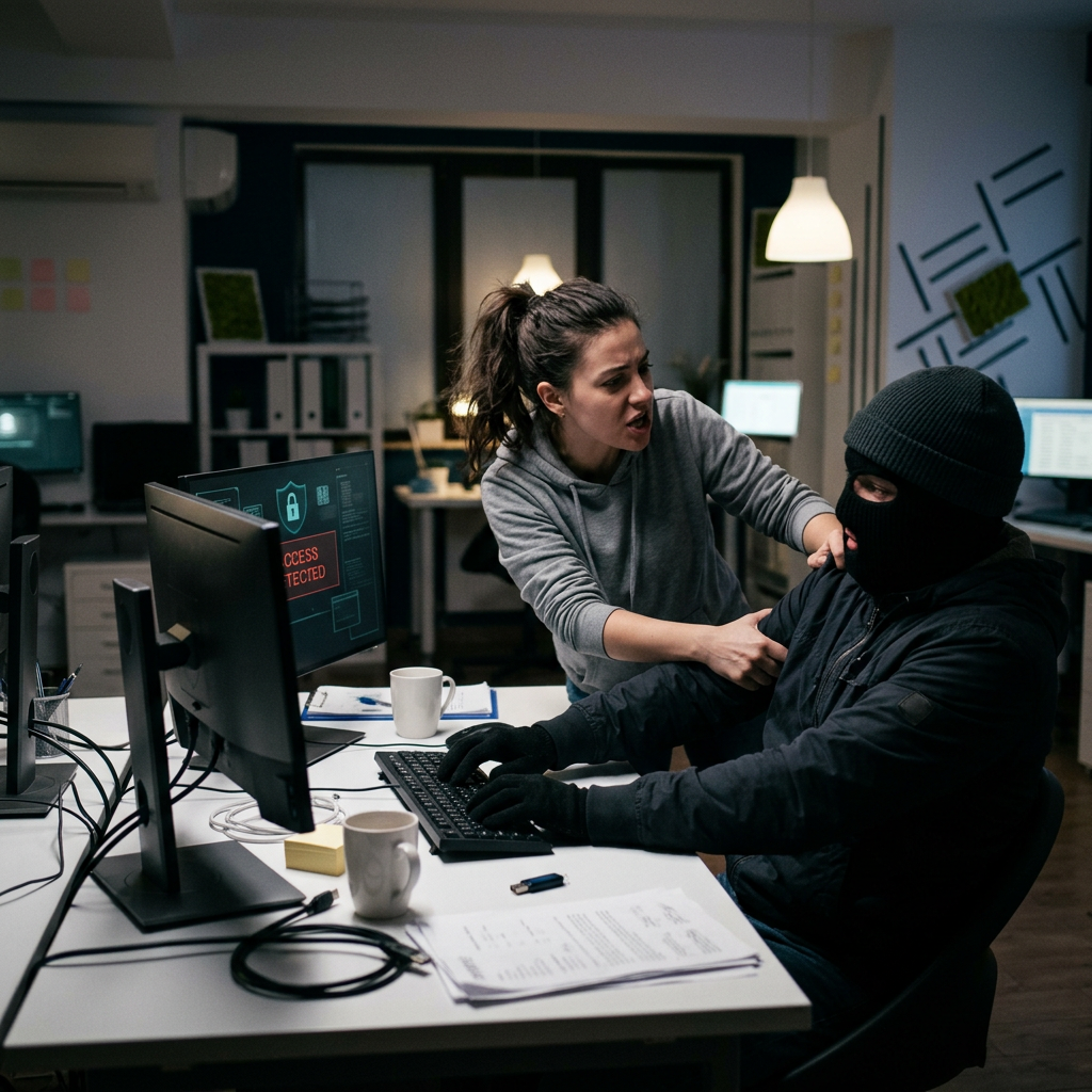 Woman grabbing the arm of a masked intruder at a computer with security warning on screen