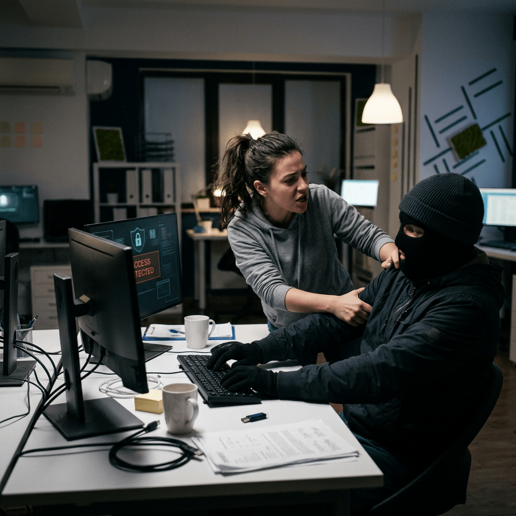 Woman grabbing the arm of a masked intruder at a computer with security warning on screen