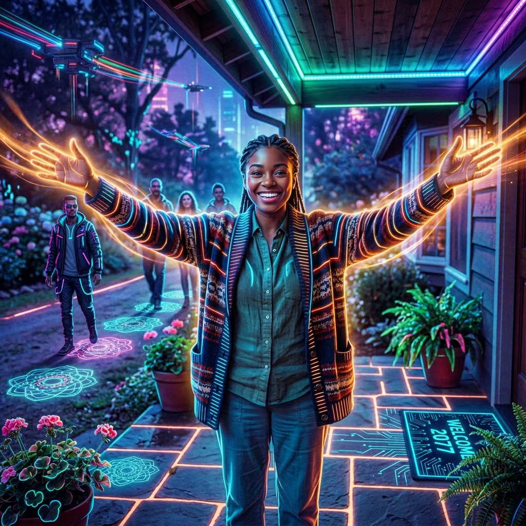 Smiling woman welcoming friends outside a garden home