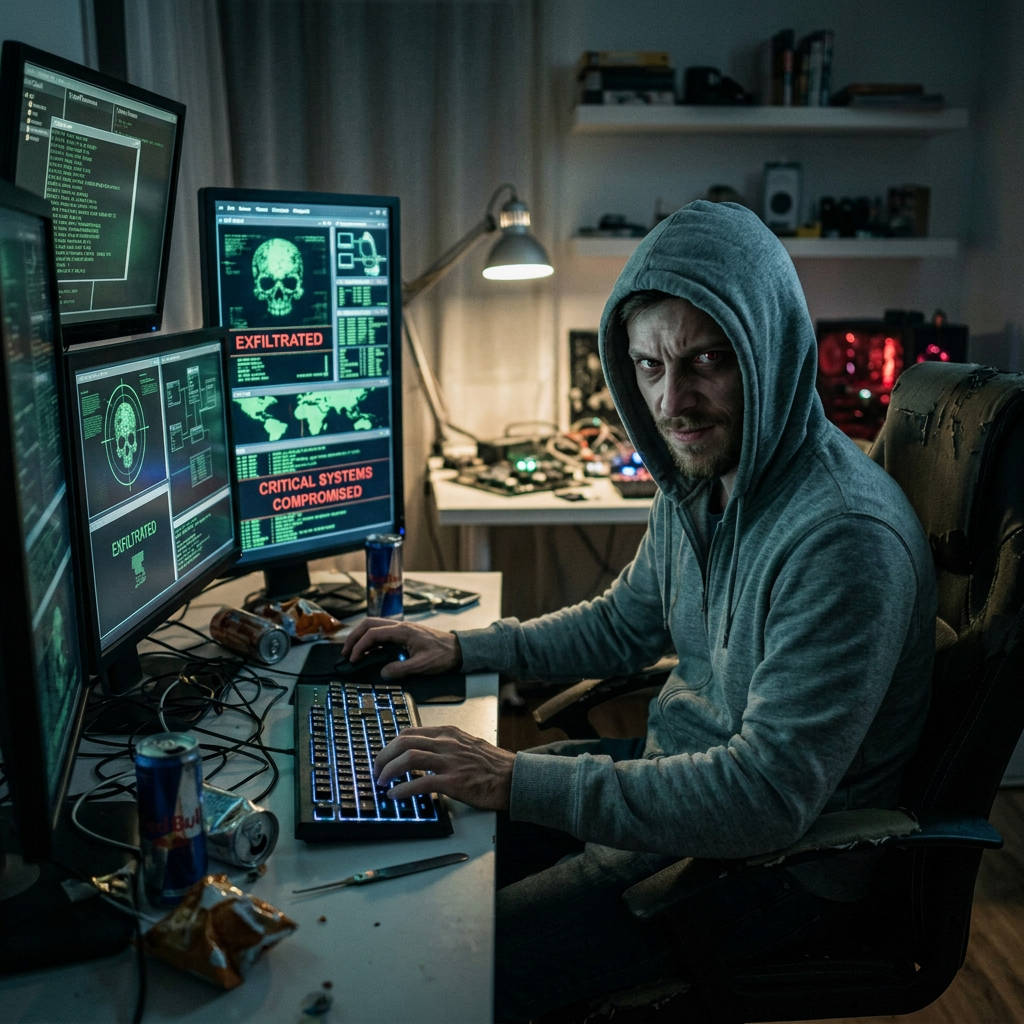 Programmer in hoodie working at multiple monitors displaying code